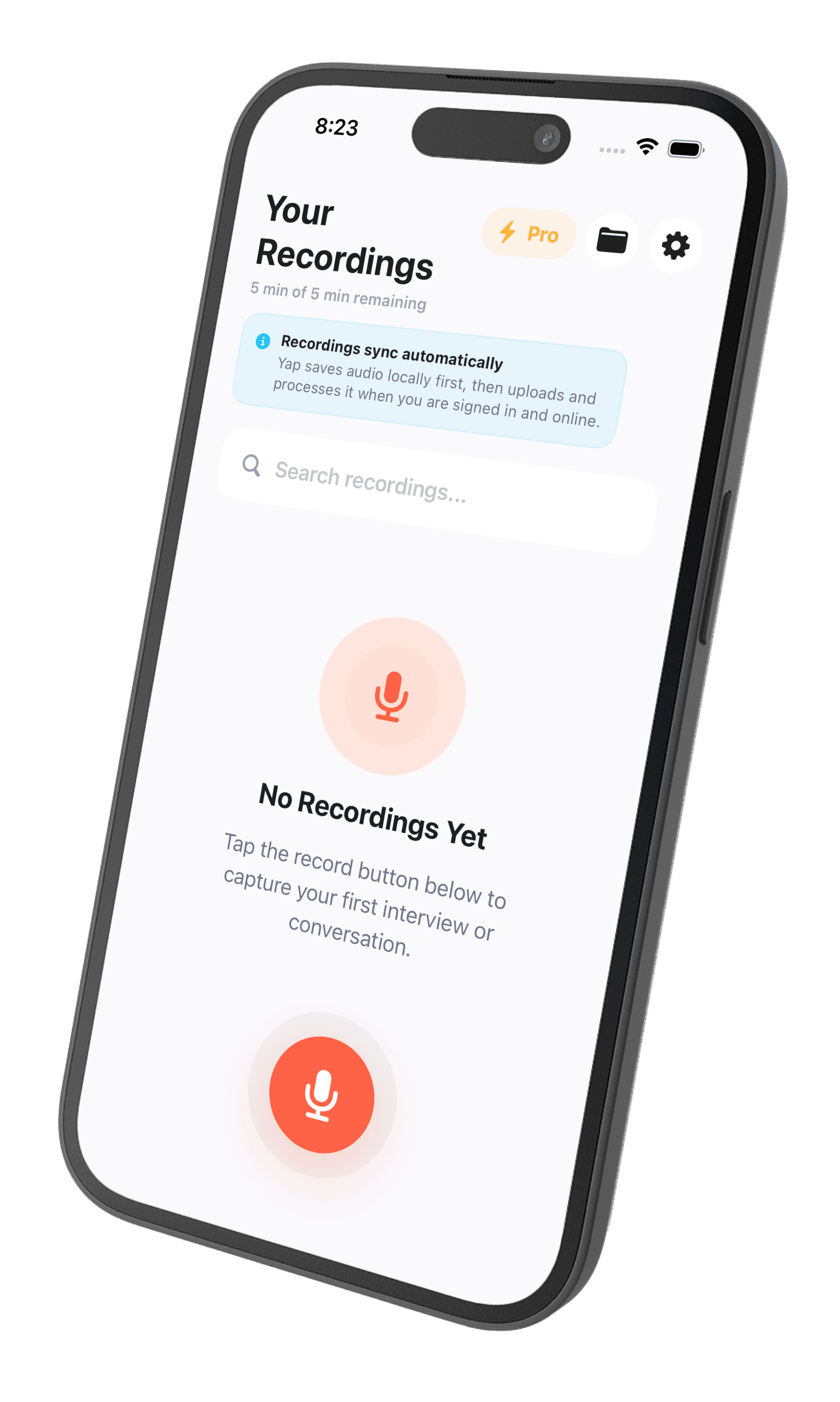 Yap iPhone app showing the recordings library